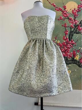 a. drea Metallic Gold Strapless Fit & Flare Mini Dress Tweed Lurex Party Small